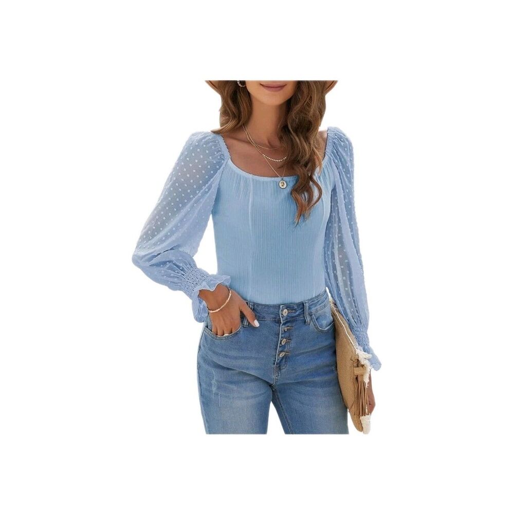 Bodysuit Ribbed Puff Long Sleeve Jumpsuits Solid Stretchy Leotard Tops Size M